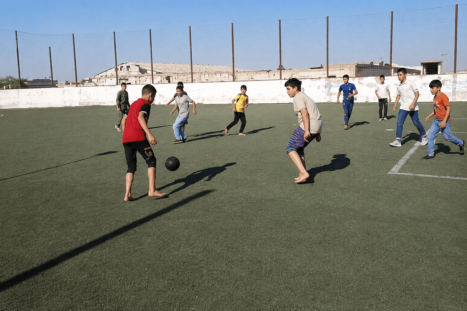 شباب يلعبون كرة القدم في نشاط رياضي جماعي